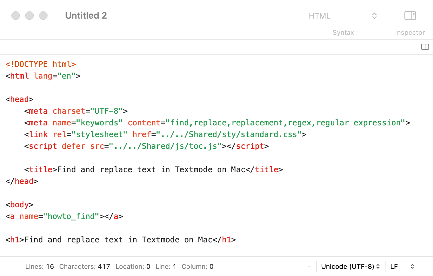 A Textmode window with an HTML file open, syntax colours on, and the line, character and encoding counts in the status bar.